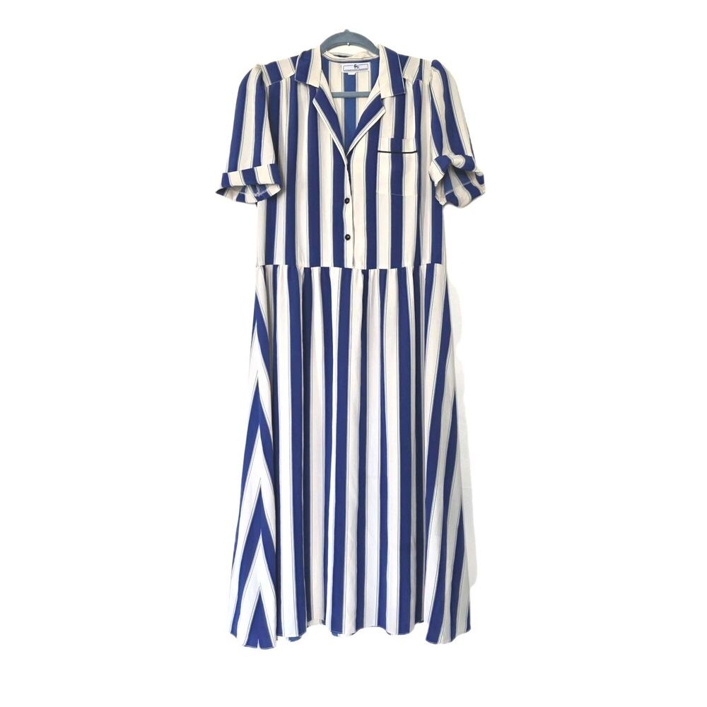 Vtg Striped Midi Shirt Dress Womens 9/10 Blue Retro Button Up Pinup Art Teacher